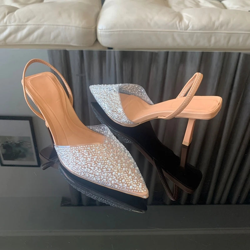 Sapatos Femininos Elegantes de Verão Slingbacks com Decoração de Pérola