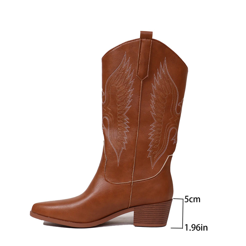 Botas Cowgirl de Cano Alto: Nova Tendência em Salto Cunha com Bordados Sofisticados – Sapatos de Inverno Femininos em Branco, Vermelho e Rosa