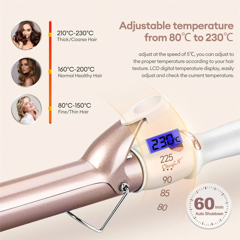 Modelador de Cabelo Elétrico Profissional 32mm/38mm – Ferramenta de Cerâmica com Temperatura Ajustável para Mulheres