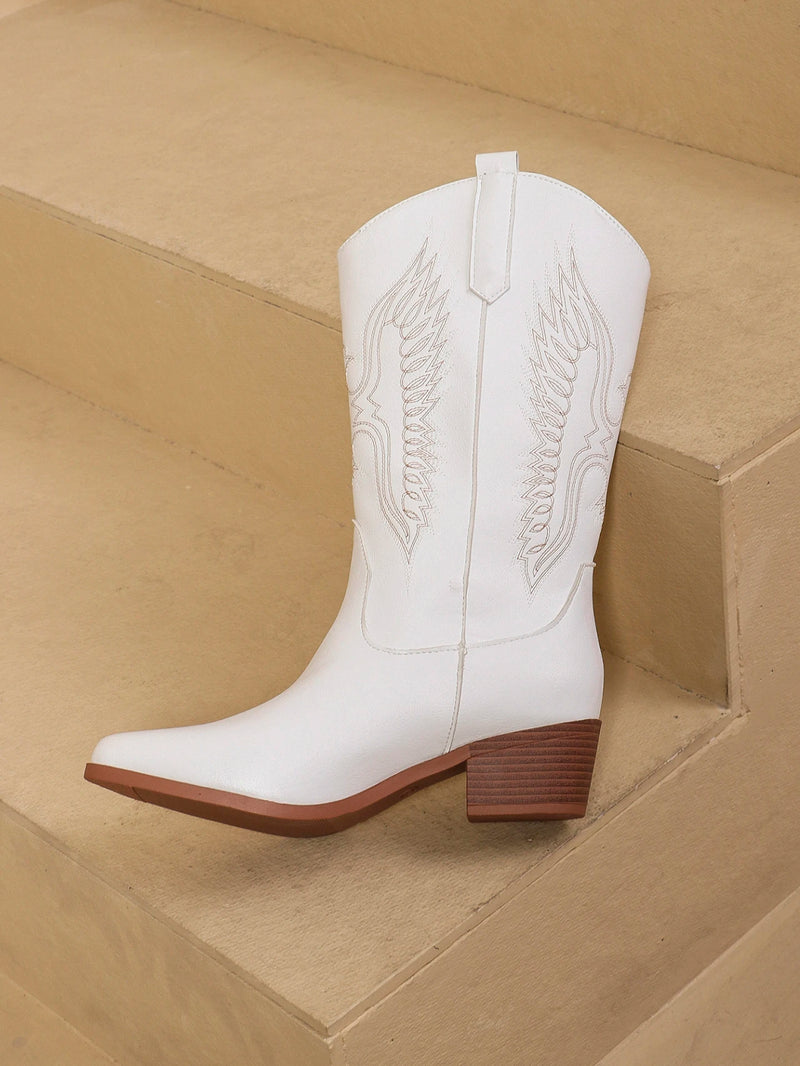 Botas Cowgirl de Cano Alto: Nova Tendência em Salto Cunha com Bordados Sofisticados – Sapatos de Inverno Femininos em Branco, Vermelho e Rosa