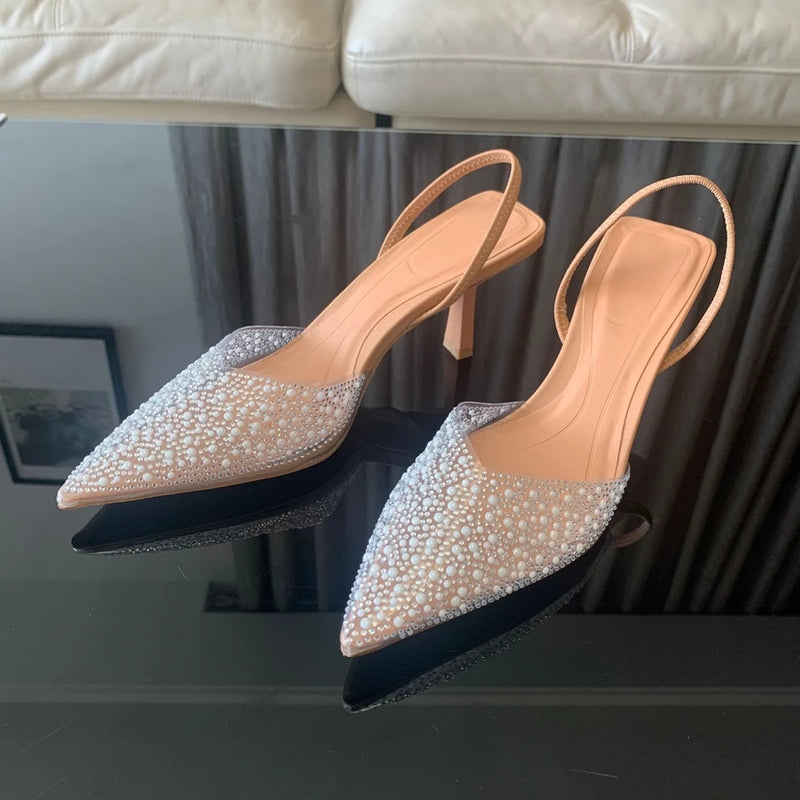 Sapatos Femininos Elegantes de Verão Slingbacks com Decoração de Pérola