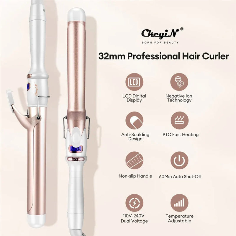 Modelador de Cabelo Elétrico Profissional 32mm/38mm – Ferramenta de Cerâmica com Temperatura Ajustável para Mulheres