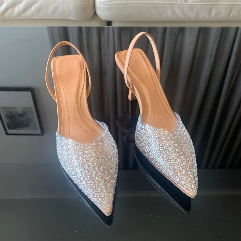 Sapatos Femininos Elegantes de Verão Slingbacks com Decoração de Pérola